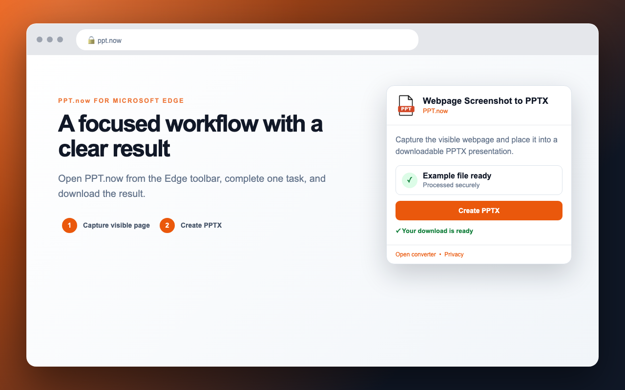 Webpage Screenshot to PPTX result workflow